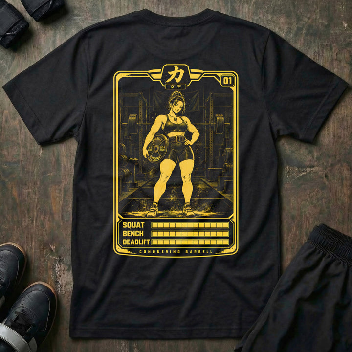 Strength Card tee in Black: an anime lifter trading card with maxed-out SQUAT BENCH DEADLIFT stats in yellow