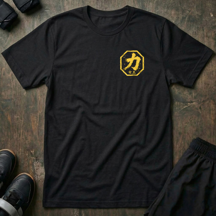 Strength Card tee in Black, left chest: yellow strength kanji badge