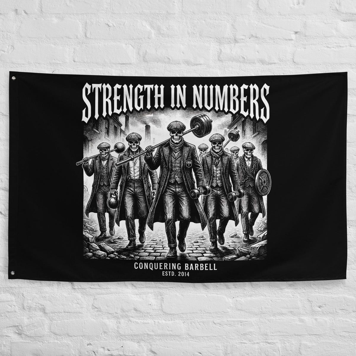 Strength in Numbers - Polyester Flag, horizontal gym flag hanging in a home gym - Conquering Barbell