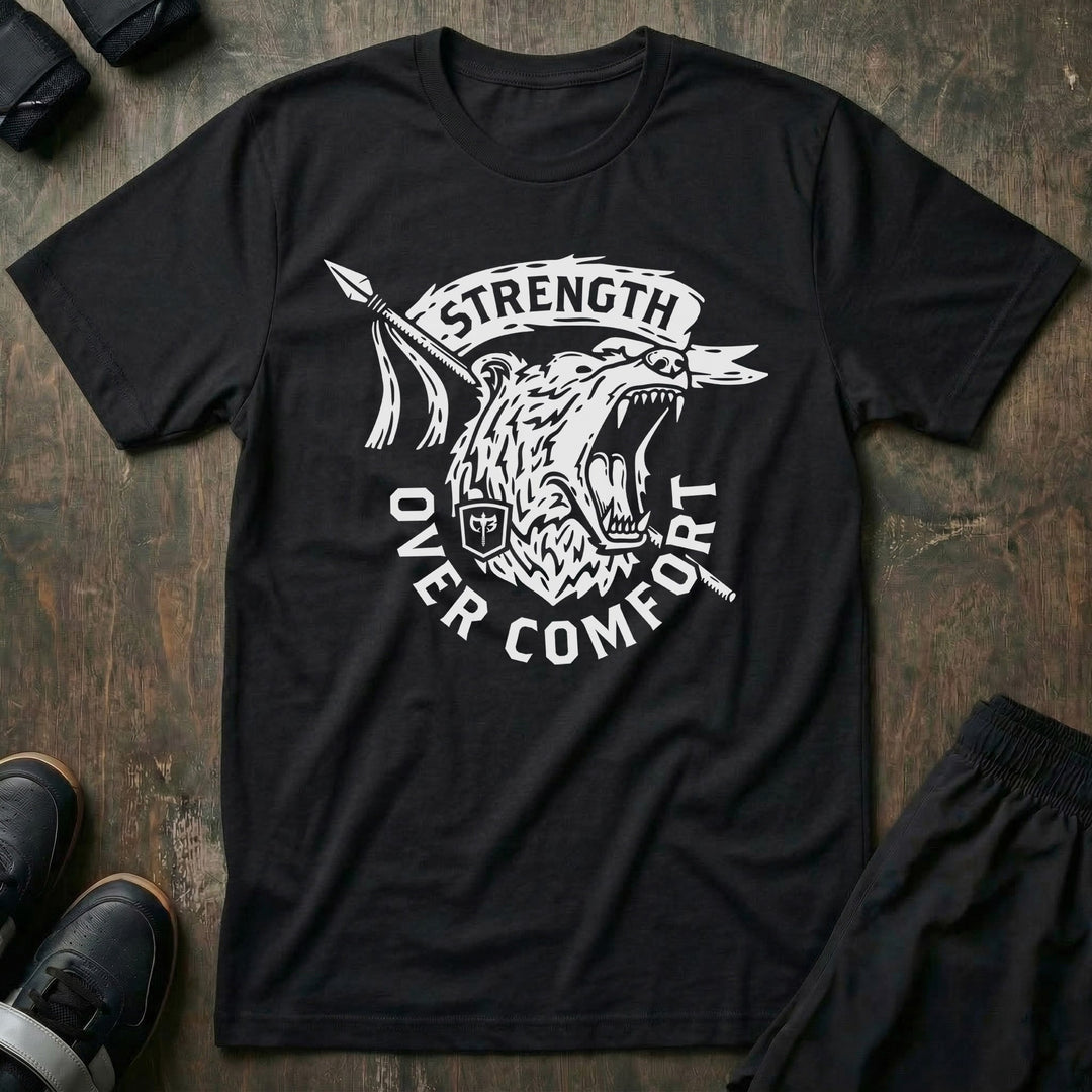 Strength Over Comfort tee in Black: a snarling wolf with a spear