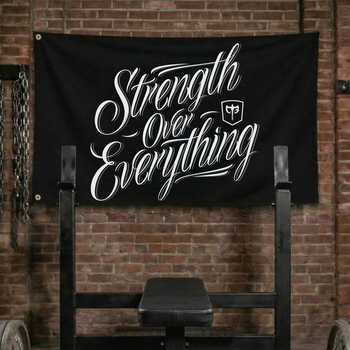 Strength Over Everything - Polyester Flag, horizontal black gym flag with Strength Over Everything in white script - Conquering Barbell