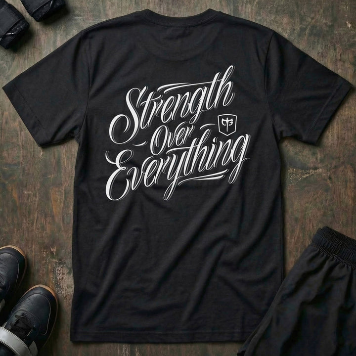 Strength Over Everything tee in Black: Strength Over Everything in sweeping white script with the CB shield across the back