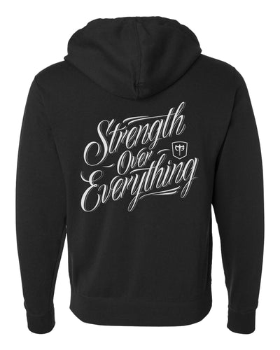 Strength Over Everything - on Black Pullover Hoodie - Conquering Barbell