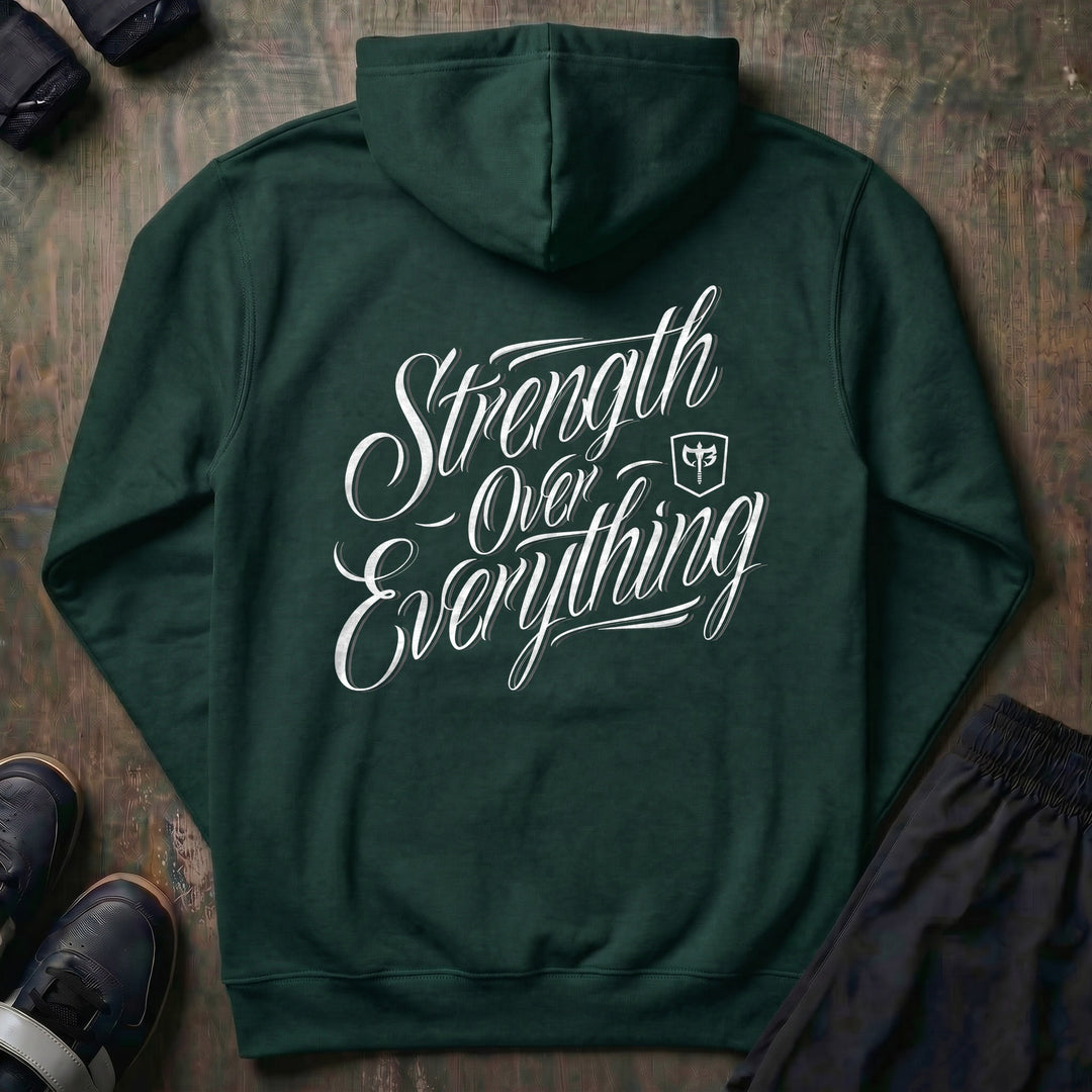 Strength Over Everything pullover hoodie in Alpine Green, back print