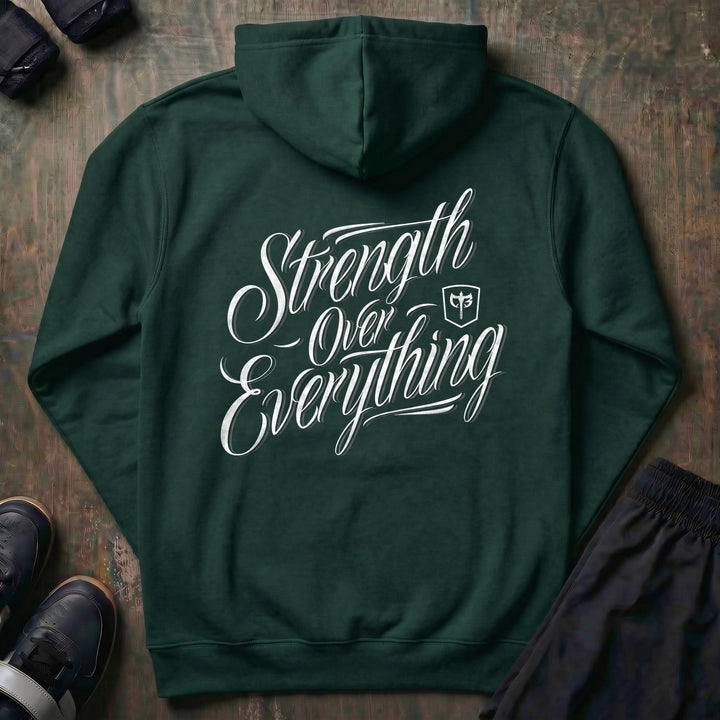 Strength Over Everything pullover hoodie in Alpine Green, back print