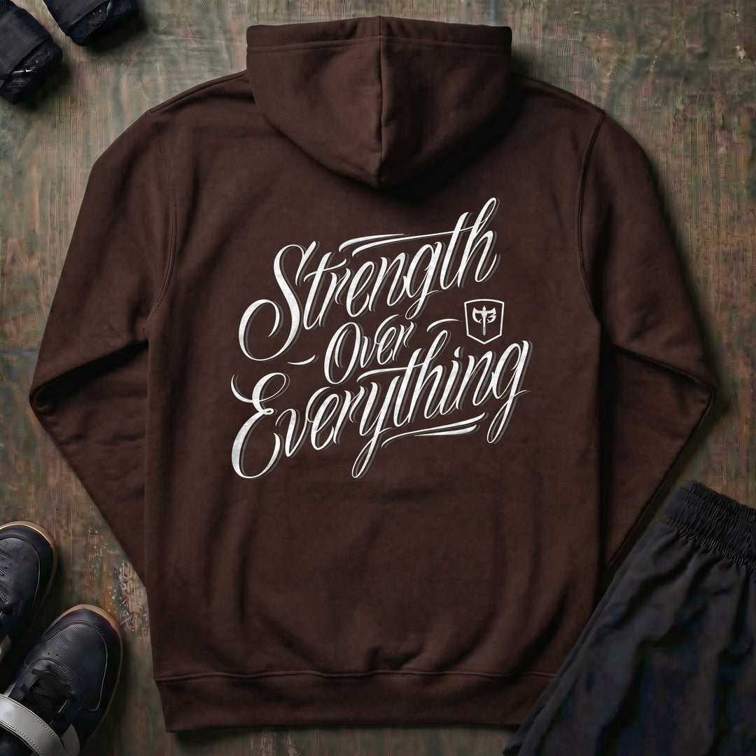 Strength Over Everything pullover hoodie in Brown, back print