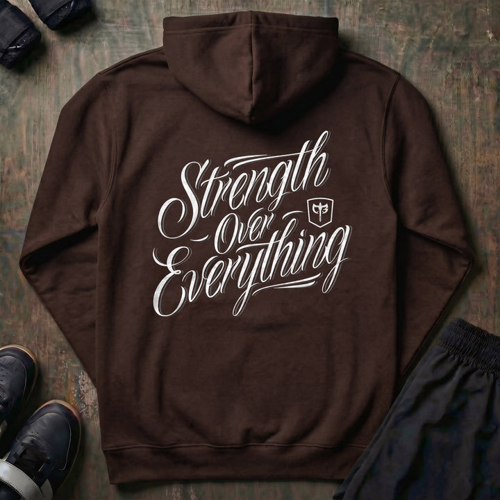 Strength Over Everything pullover hoodie in Brown, back print
