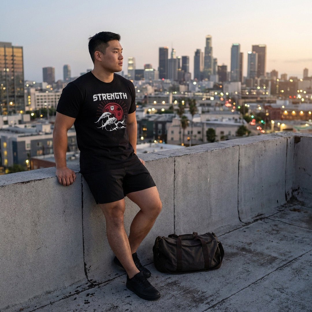 Strength (Waves) - on Black Tee - Conquering Barbell