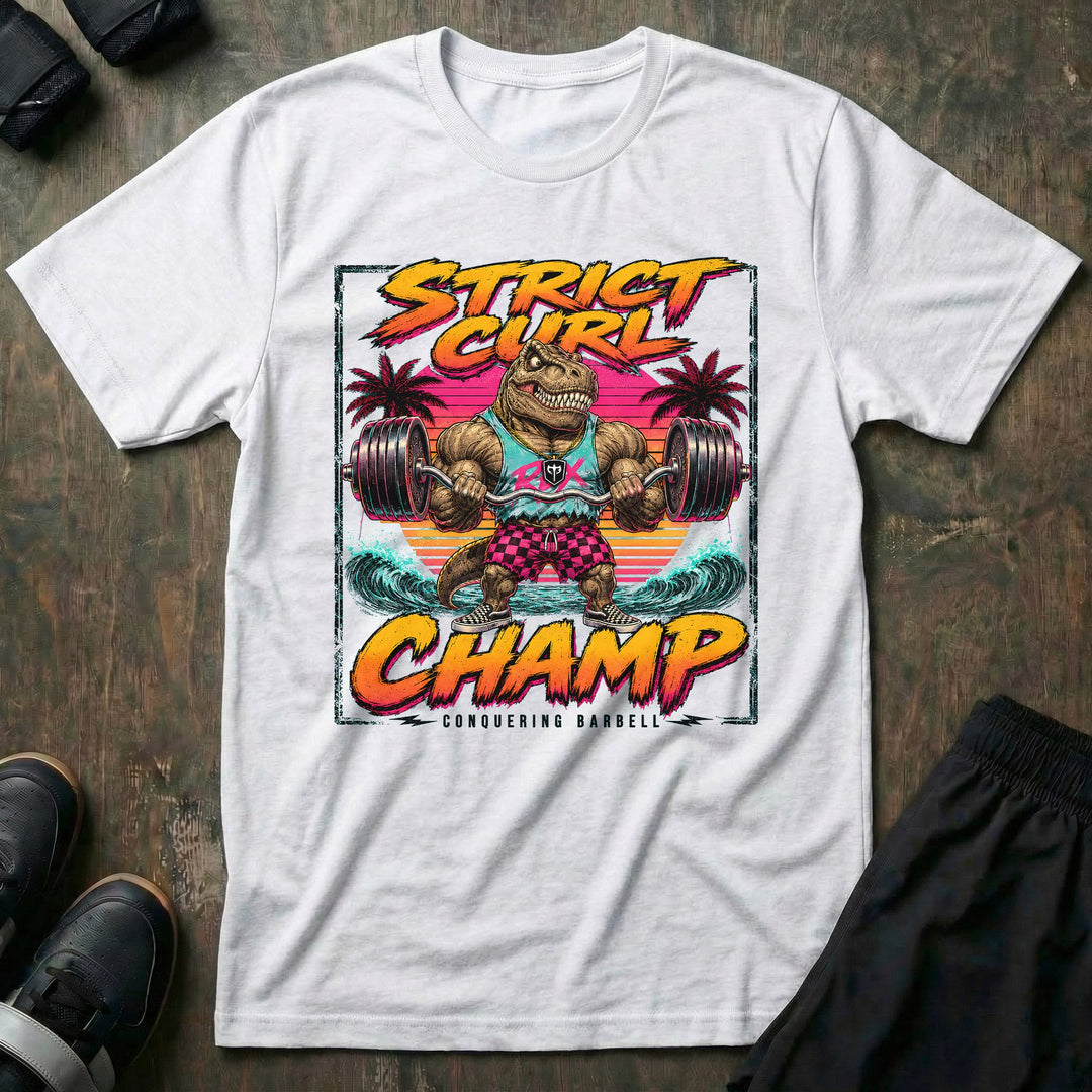 Strict Curl Champ tee in White: a jacked T-Rex in checkered shorts and skate shoes cranking a loaded barbell