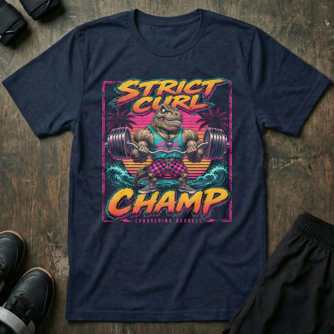 Strict Curl Champ tee in Navy: a jacked T-Rex in checkered shorts and skate shoes cranking a loaded barbell in strict form