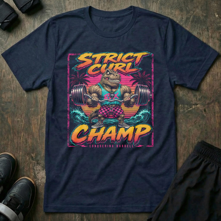 Strict Curl Champ tee in Navy: a jacked T-Rex in checkered shorts and skate shoes cranking a loaded barbell in strict form