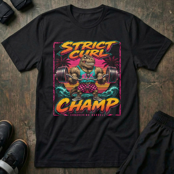 Strict Curl Champ tee in Black: a jacked T-Rex in checkered shorts and skate shoes cranking a loaded barbell
