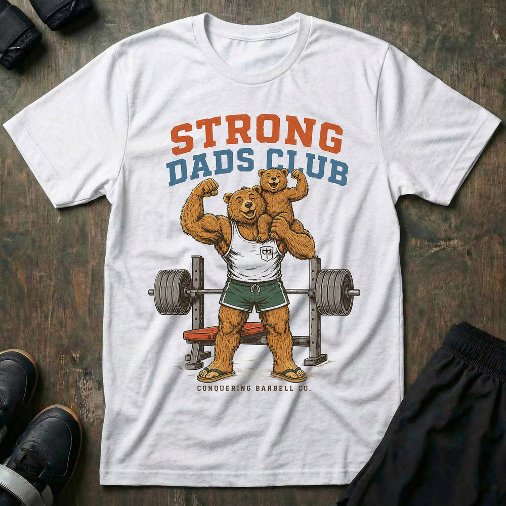 Strong Dads Club tee in White: a jacked papa bear in a CB tank top and flip flops grinning