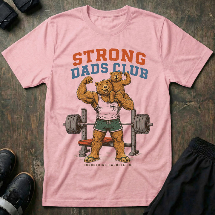 Strong Dads Club tee in Pink: a jacked papa bear in a CB tank top and flip flops grinning