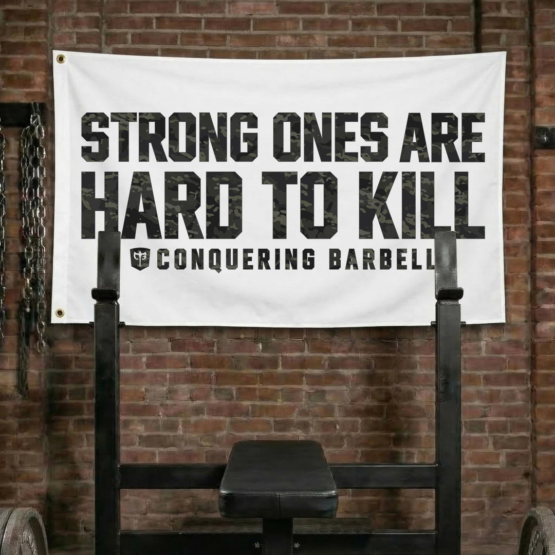 Strong Ones are Hard to Kill - Black Camo - 3' x 5' Polyester Flag - Conquering Barbell