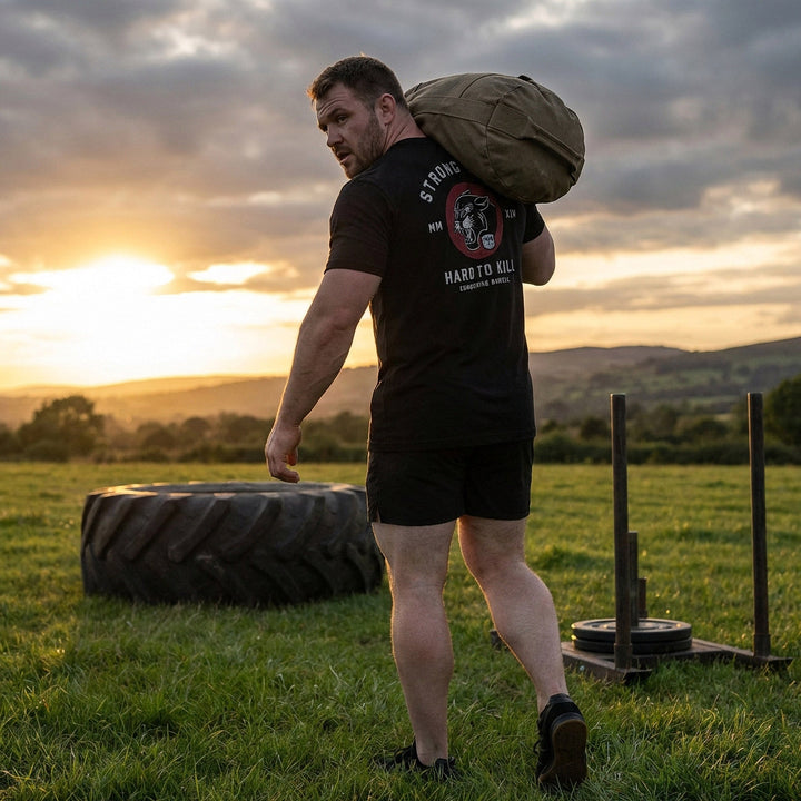 Strong Ones Hard to Kill - on Black Tee - Conquering Barbell