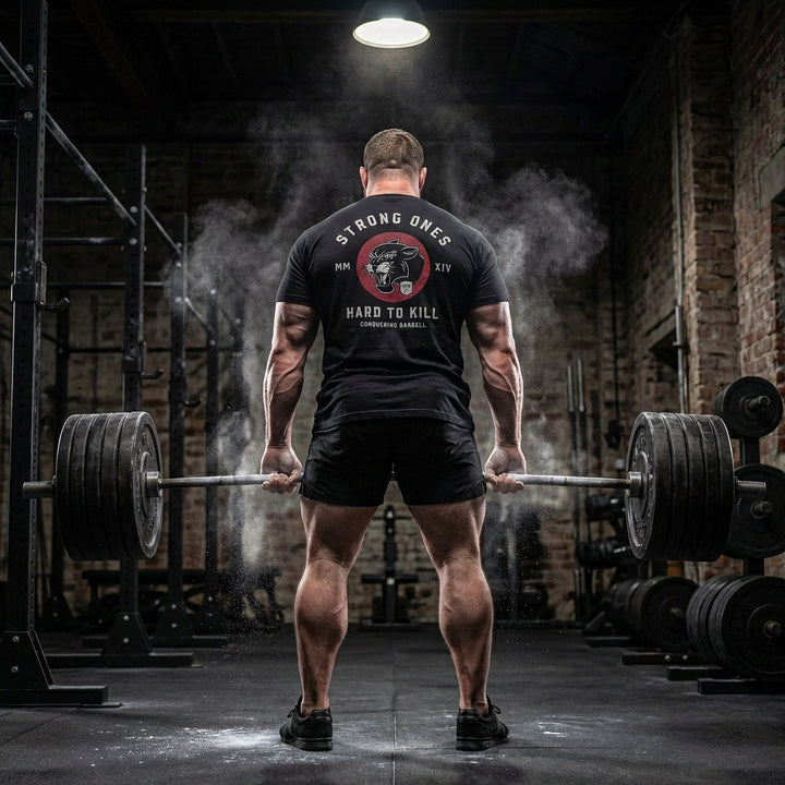 Strong Ones Hard to Kill - on Black Tee - Conquering Barbell