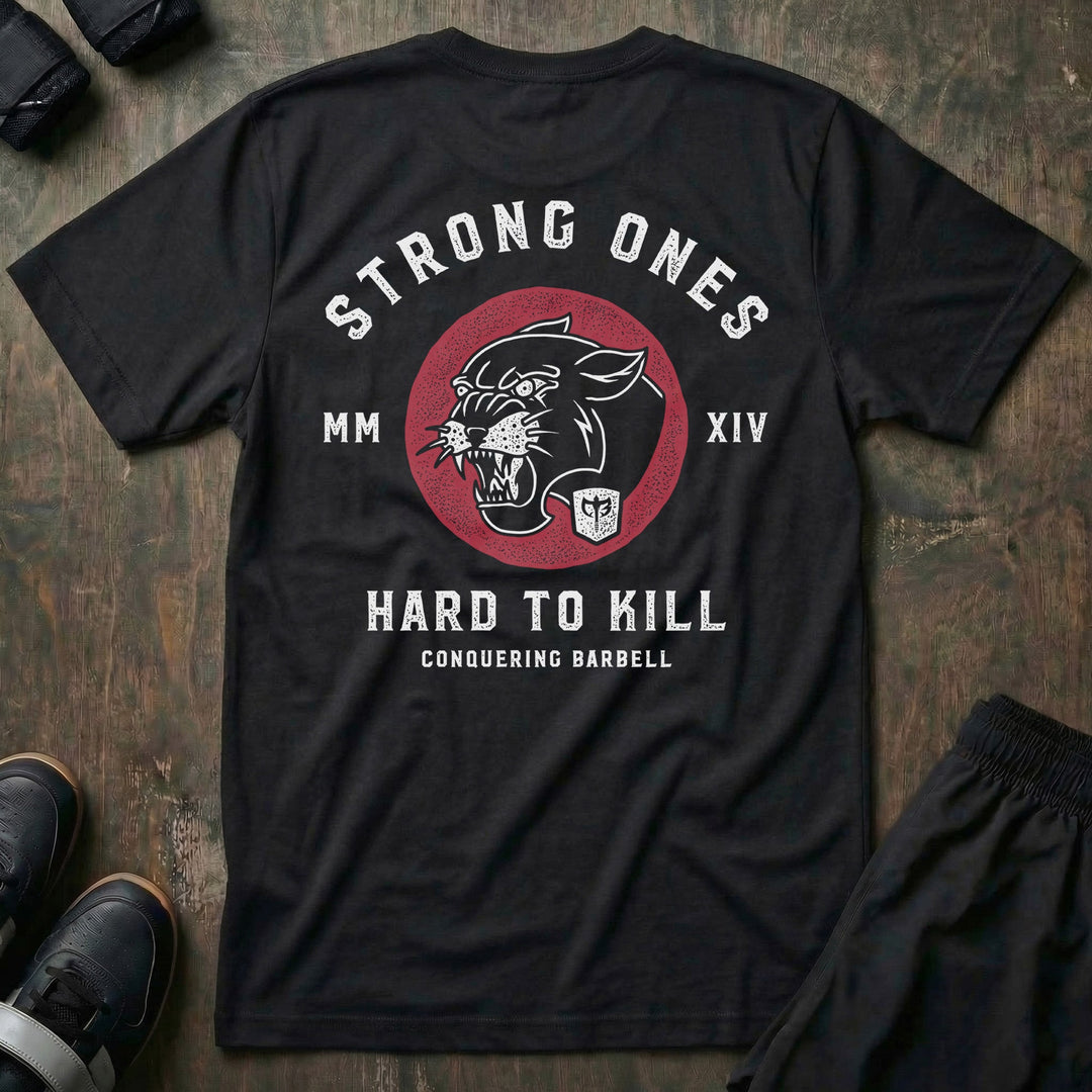 Strong Ones Hard to Kill - on Black Tee - Conquering Barbell