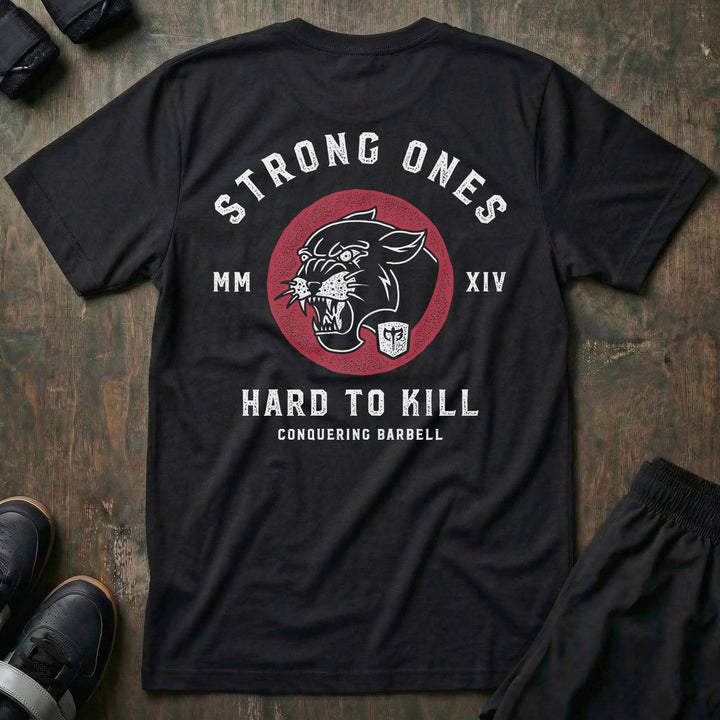 Strong Ones Hard to Kill - on Black Tee - Conquering Barbell