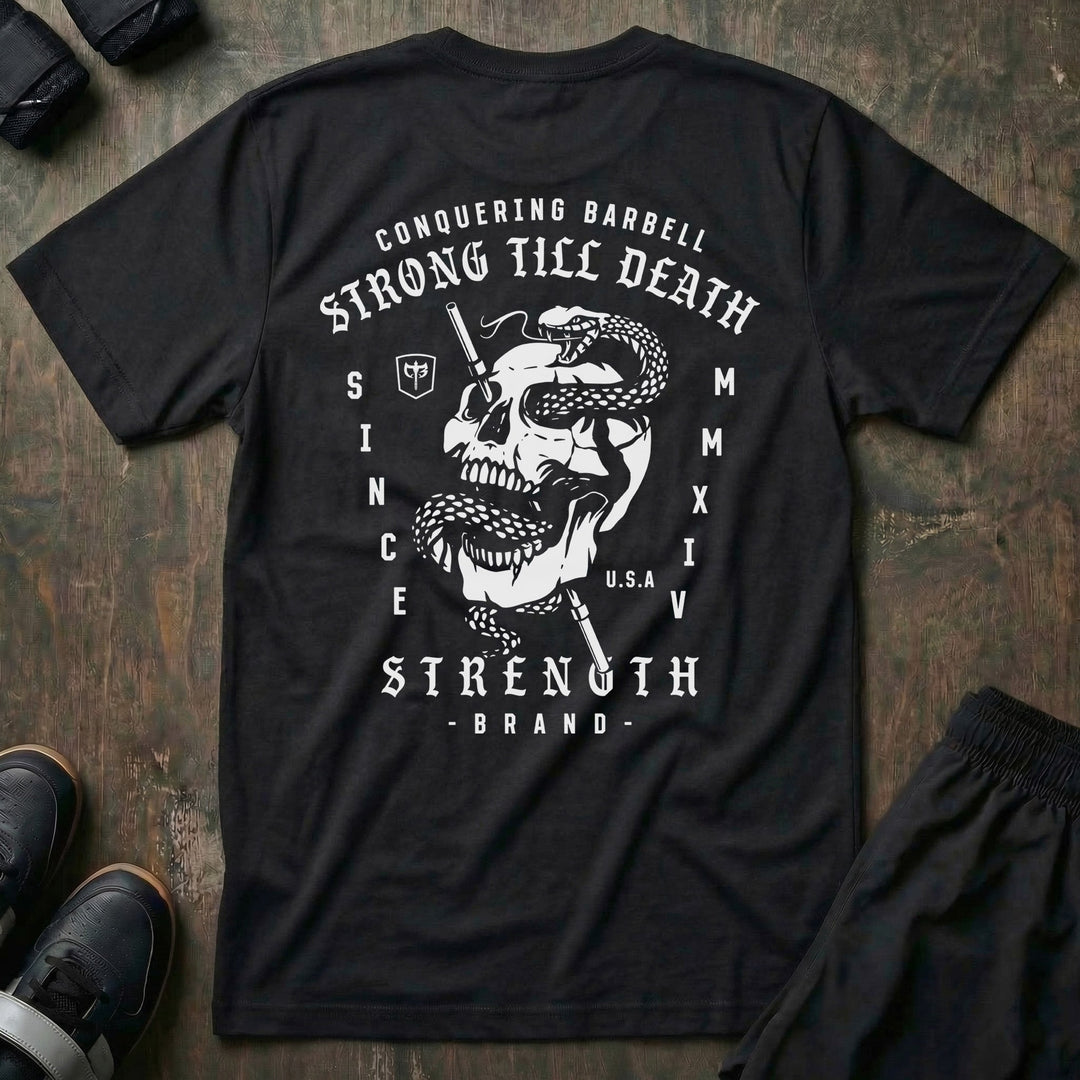 Strong Till Death The Original tee in Black: a skull wrapped by a serpent
