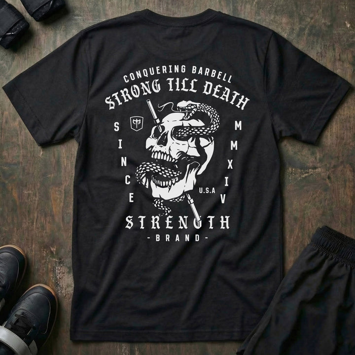 Strong Till Death The Original tee in Black: a skull wrapped by a serpent