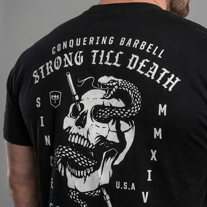 Strong Till Death The Original tee in Black: a skull wrapped by a serpent