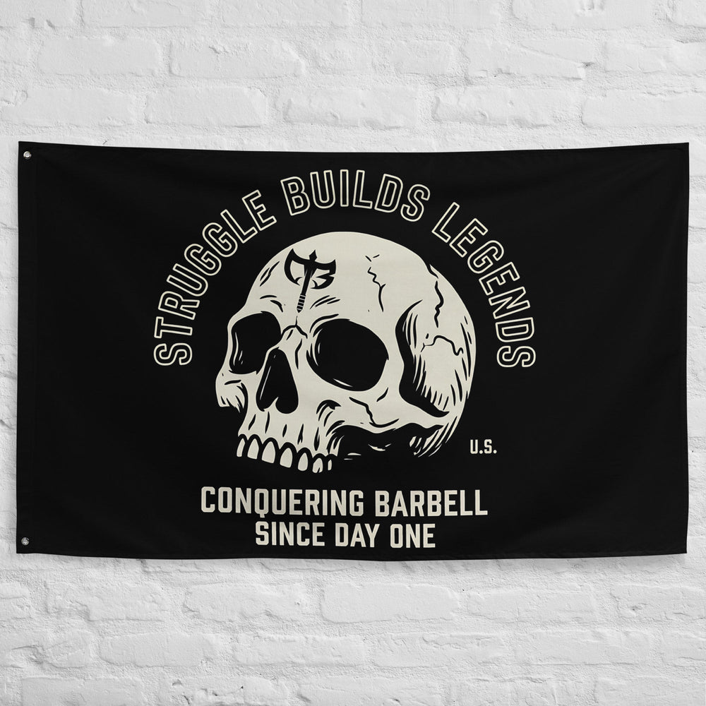 Struggle Builds Legends - Polyester Flag, horizontal gym flag hanging in a home gym - Conquering Barbell