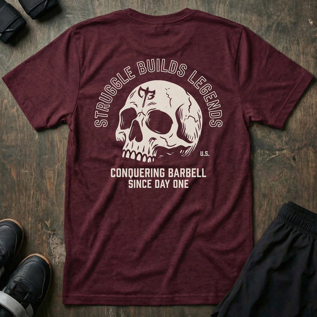 Struggle Builds Legends tee in Maroon: a skull with the CB shield on its forehead