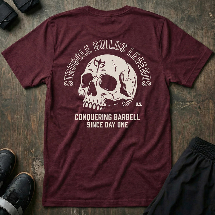 Struggle Builds Legends tee in Maroon: a skull with the CB shield on its forehead