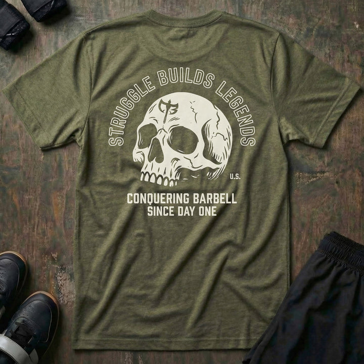 Struggle Builds Legends tee in Military: a skull with the CB shield on its forehead