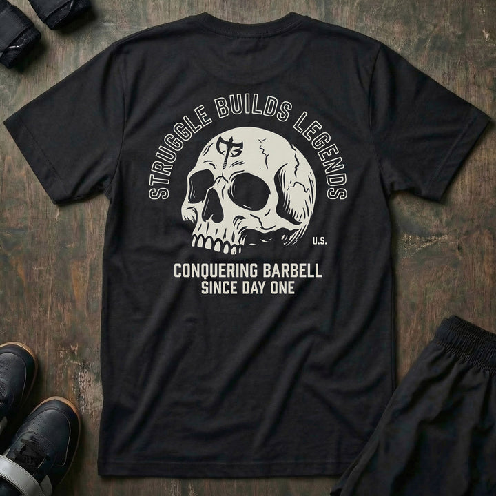 Struggle Builds Legends tee in Black: a skull with the CB shield on its forehead