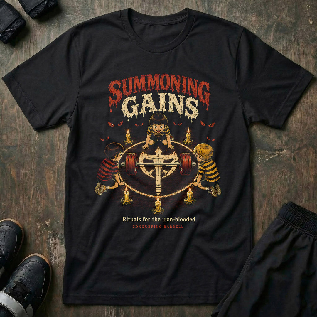 Summoning Gains tee in Black: retro anime kids kneeling around a summoning circle with a loaded barbell at the center