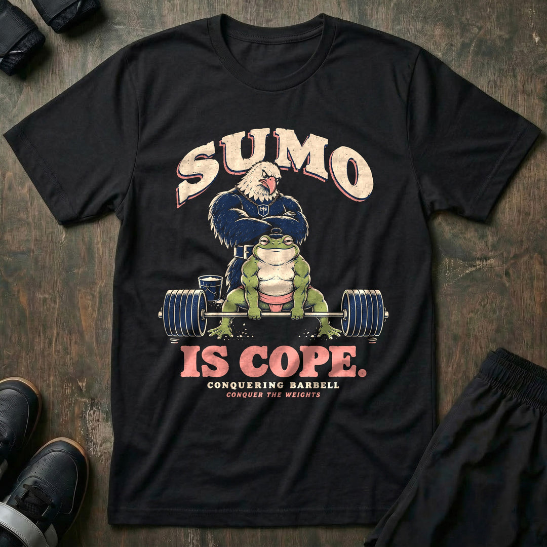 Sumo Is Cope - Tee front graphic in Black with a bullfrog in a sumo belt pulling a sumo deadlift while a bald eagle watches in disgust - Conquering Barbell