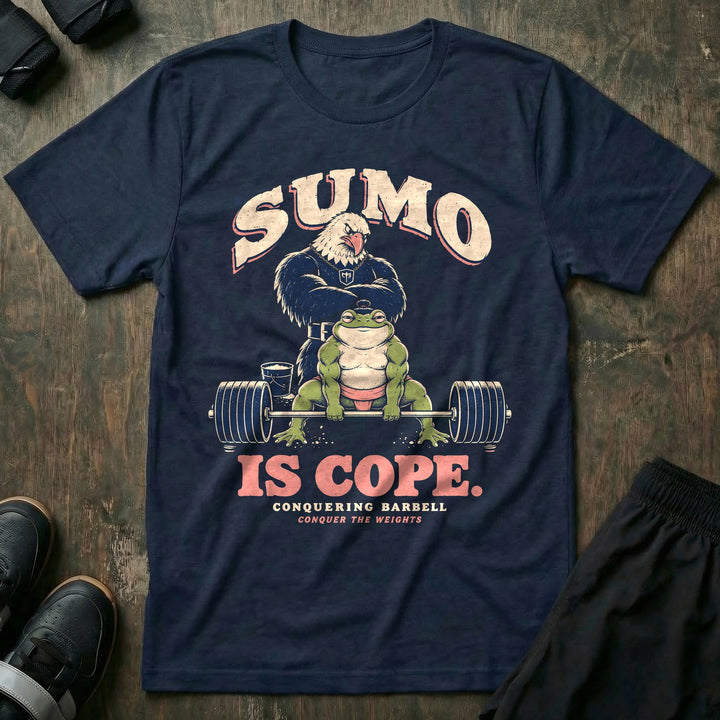 Sumo Is Cope - Tee front graphic in Navy with a bullfrog in a sumo belt pulling a sumo deadlift while a bald eagle watches in disgust - Conquering Barbell