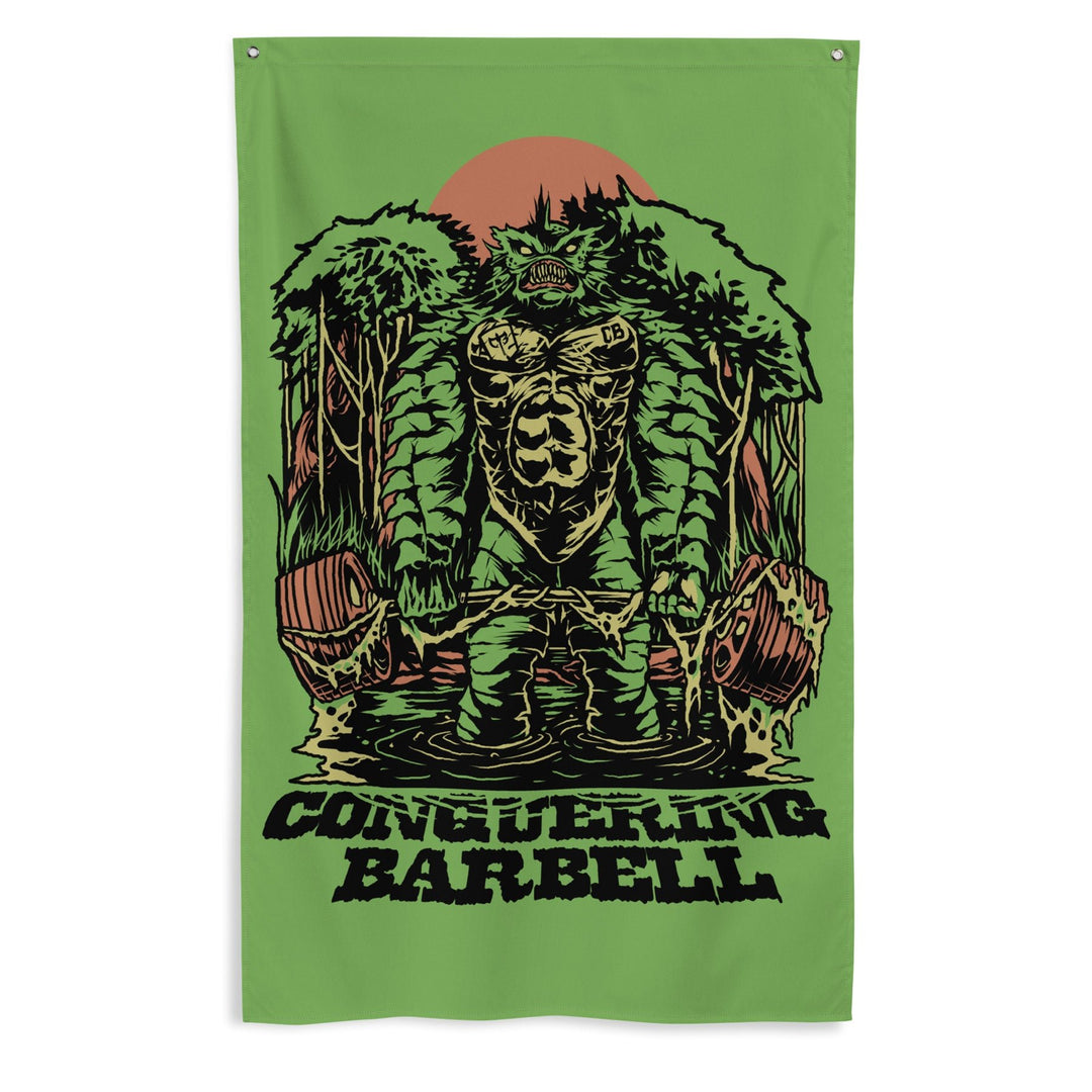 Swamp Monster Flag - Polyester Flag, vertical gym flag hanging in a home gym - Conquering Barbell