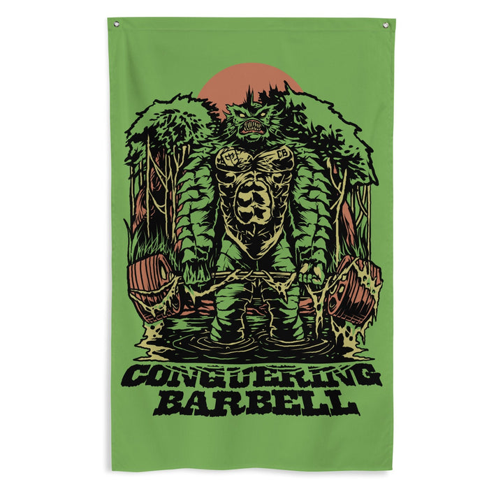 Swamp Monster Flag - Polyester Flag, vertical gym flag hanging in a home gym - Conquering Barbell