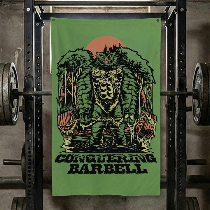 Swamp Monster Flag - Polyester Flag, vertical green gym flag with moss-covered swamp creature in front of a red sun - Conquering Barbell