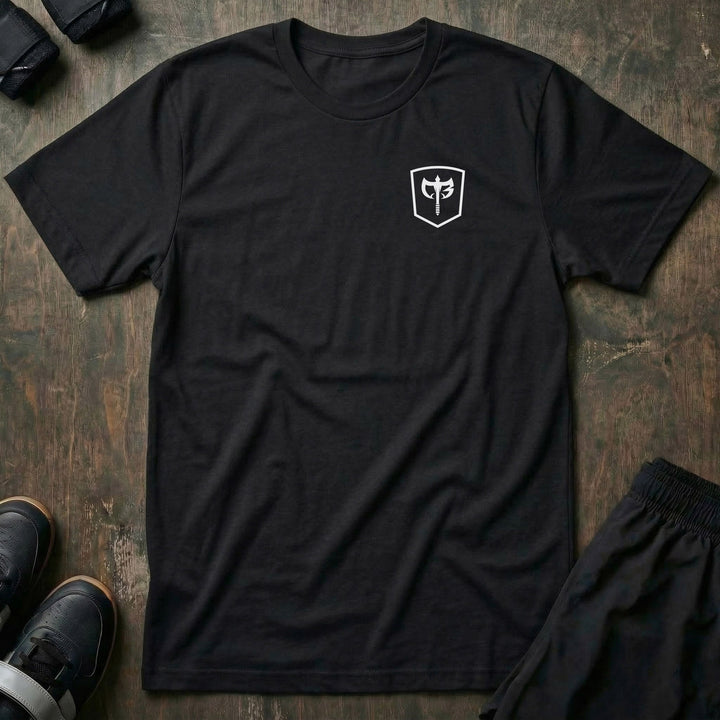 Sweat Equity tee: a 100 lb USA plate with the CB shield and chalk dust scattered at its base