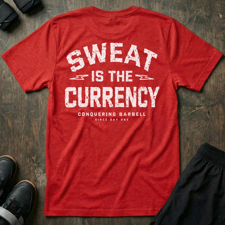 Sweat is the Currency tee in Red: SWEAT IS THE CURRENCY in bold distressed athletic block letters
