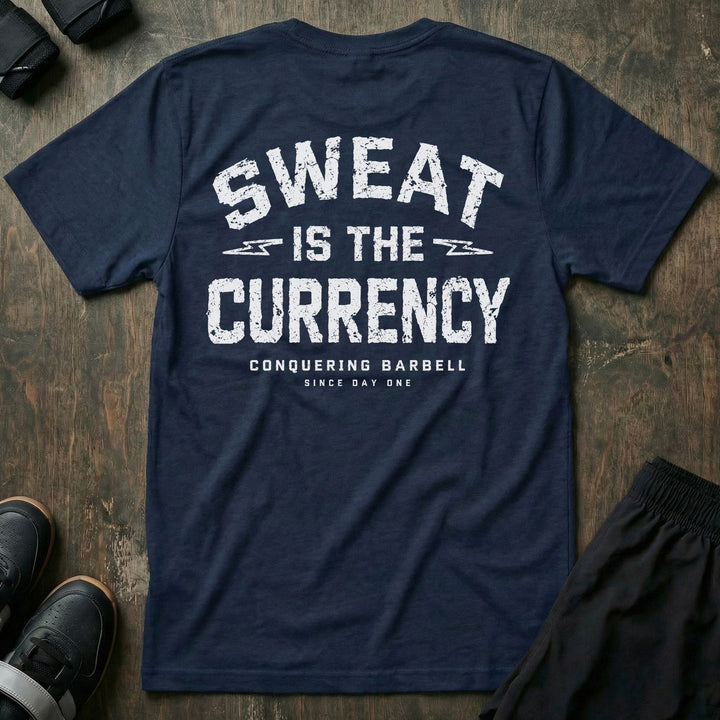 Sweat is the Currency tee in Navy: SWEAT IS THE CURRENCY in bold distressed athletic block letters