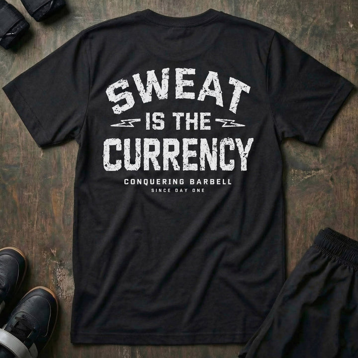 Sweat is the Currency tee in Black: SWEAT IS THE CURRENCY in bold distressed athletic block letters