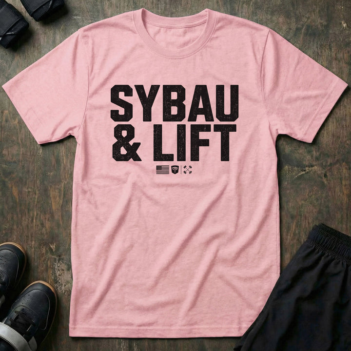 SYBAU &amp; LIFT tee in Pink: SYBAU &amp; LIFT in bold distressed block lettering across the front with a small flag