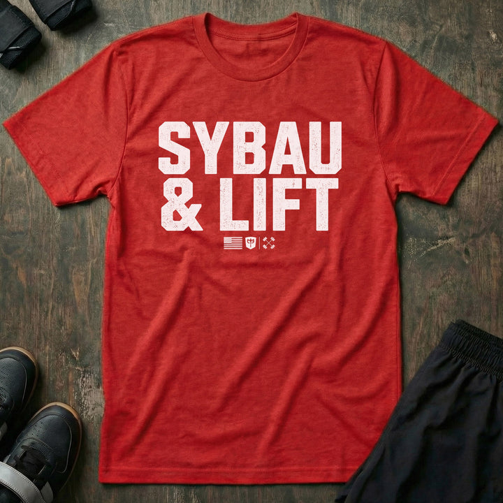 SYBAU &amp; LIFT tee in Red: SYBAU &amp; LIFT in bold distressed block lettering across the front with a small flag