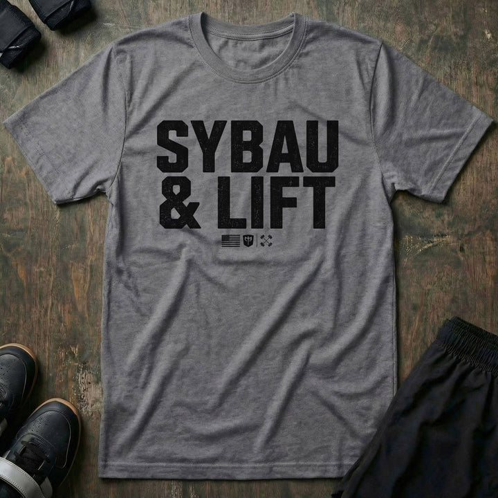 SYBAU &amp; LIFT tee in Heather Grey: SYBAU &amp; LIFT in bold distressed block lettering across the front with a small flag