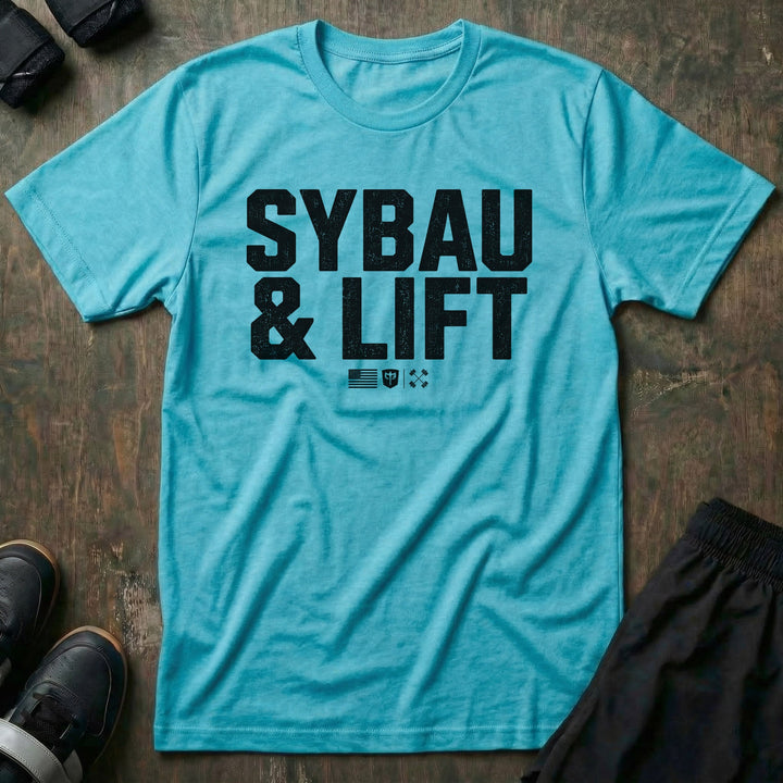 SYBAU &amp; LIFT tee in Tahiti: SYBAU &amp; LIFT in bold distressed block lettering across the front with a small flag