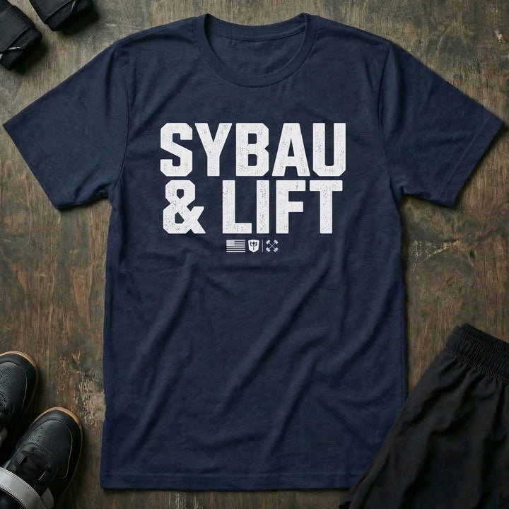 SYBAU &amp; LIFT tee in Navy: SYBAU &amp; LIFT in bold distressed block lettering across the front with a small flag
