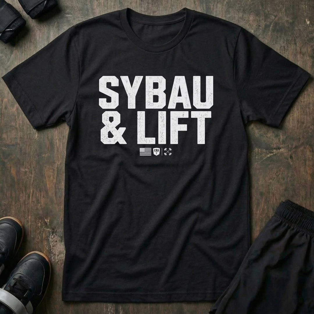 SYBAU & LIFT tee in Black: SYBAU & LIFT in bold distressed block lettering across the front with a small flag