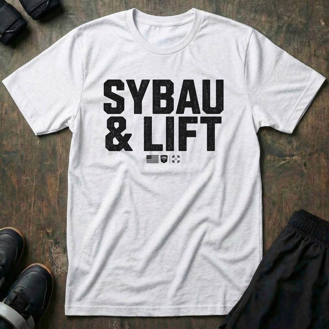 SYBAU &amp; LIFT tee in White: SYBAU &amp; LIFT in bold distressed block lettering across the front with a small flag