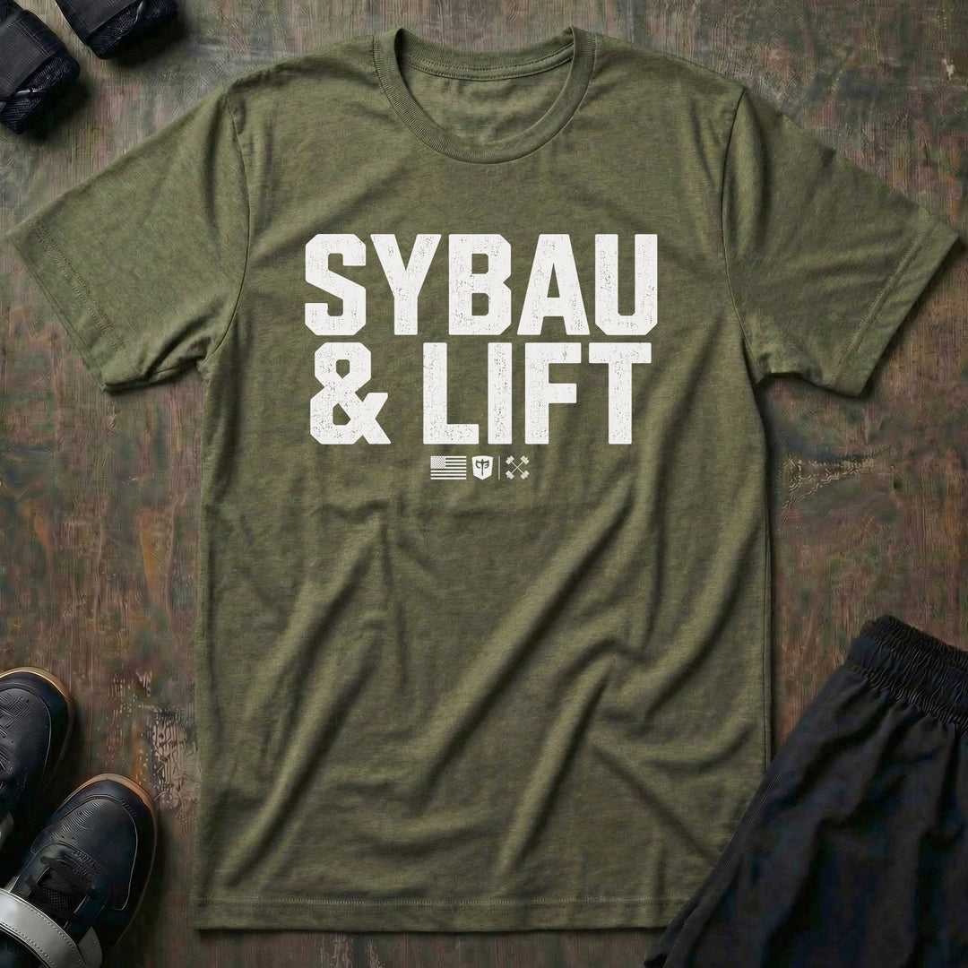SYBAU &amp; LIFT tee in Military: SYBAU &amp; LIFT in bold distressed block lettering across the front with a small flag