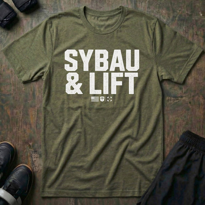 SYBAU &amp; LIFT tee in Military: SYBAU &amp; LIFT in bold distressed block lettering across the front with a small flag